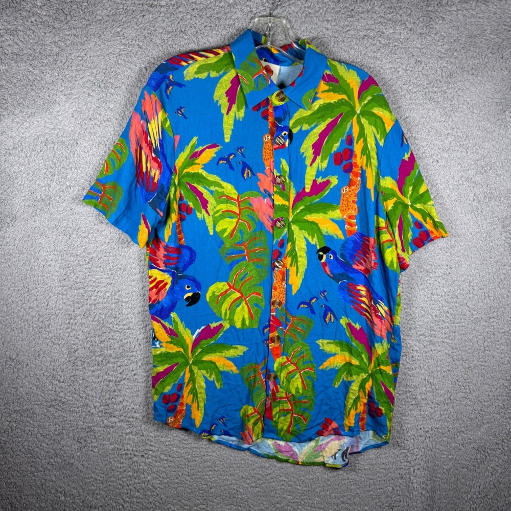 Farm Rio Mens Tropical Parrot Palm Tree Print Rayon Short Sleeve Shirt Blue XS